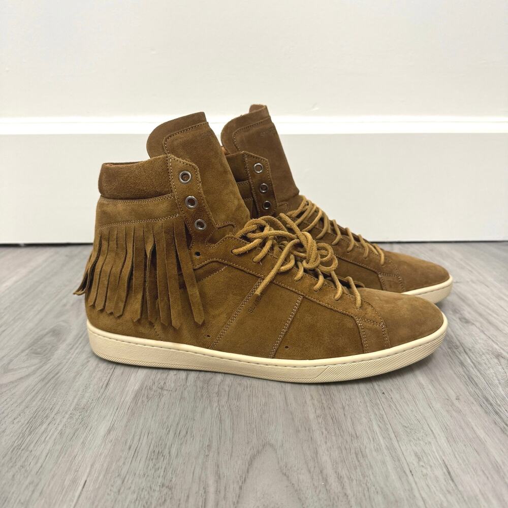 Saint Laurent Court Classic Camel Brown Suede Fringe High Top Sneakers 44 Shoes